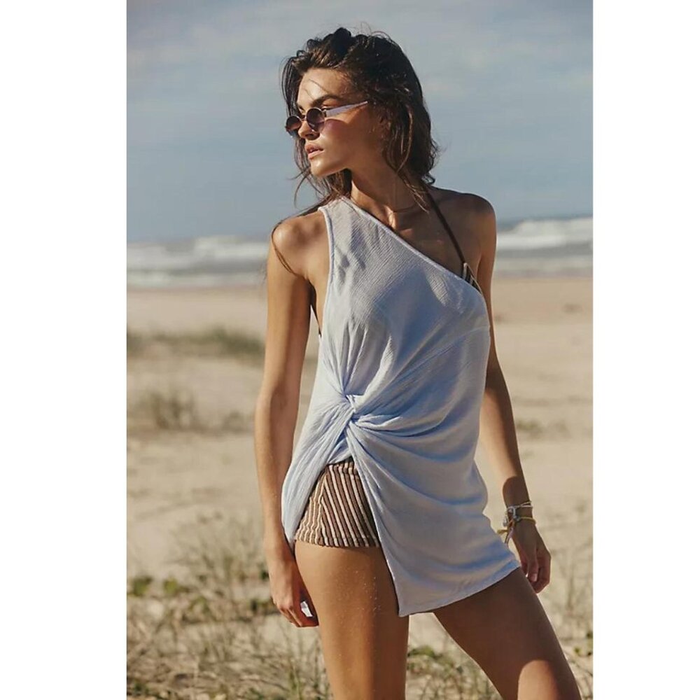 NWT Free People Coy Cabana Top Asymmetrical Boho Blouse Light Blue Tank XL